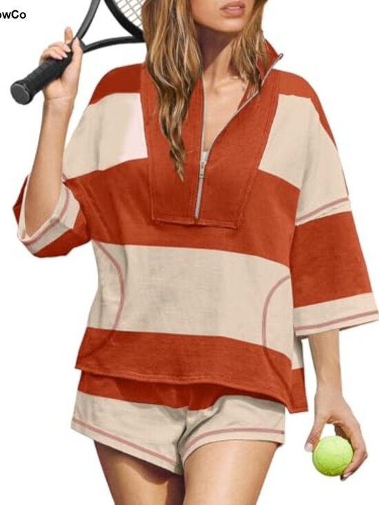 Tops - Womens Striped 2 Piece Workout Set Oversized Lounge Pullover Shorts